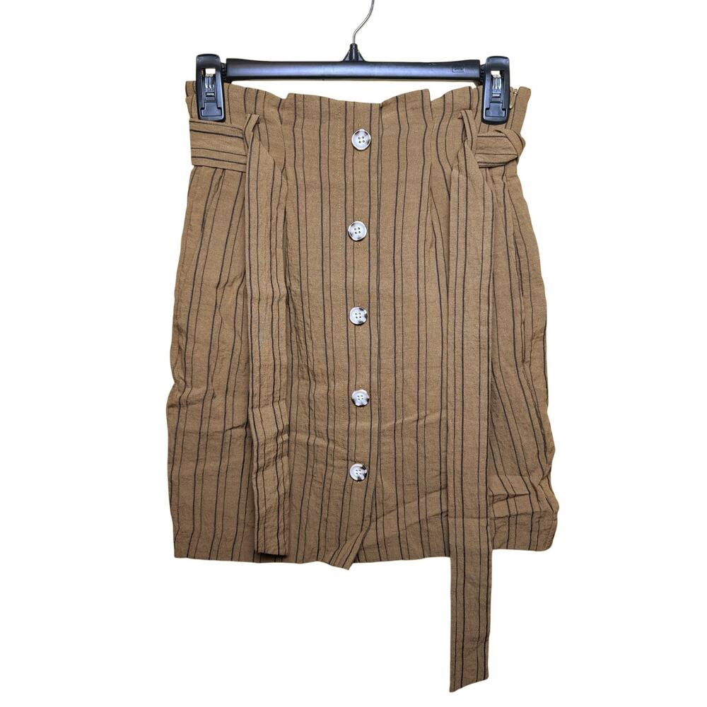 H&M Front Tie Button Up Skirt Light Brown with Stripes Size US 2 Excellent Cond